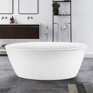 59 in. Acrylic Oval Flatbottom Freestanding Soaking Bathtub in Glossy White Overflow and Pop-Up Drain