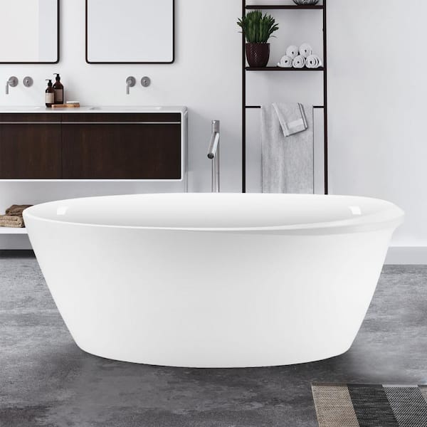 ANGELES HOME 59 in. Acrylic Oval Flatbottom Freestanding Soaking Bathtub in Glossy White Overflow and Pop-Up Drain