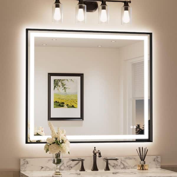 42 in. W x 36 in. H Rectangular Framed LED Lighted Bathroom Vanity Mirror with Light in Black with Backlit and Anti-Fog