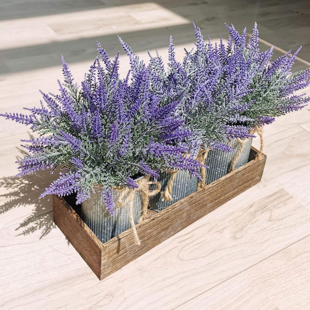 9.1 in. Purple Indoor Artificial Lavender Flower Plants in Brown Pot Set of
