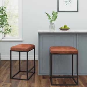 24 in. Brown Backless Metal Frame Bar Stool with Faux Leather Seat (Set of 2)