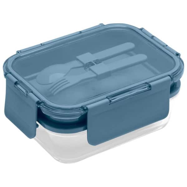 LEXI HOME 58.5 Oz. Premium 4-In-1 Double-Layer Glass Bento Lunch Box With Utensils in Slate Blue 1-Pack
