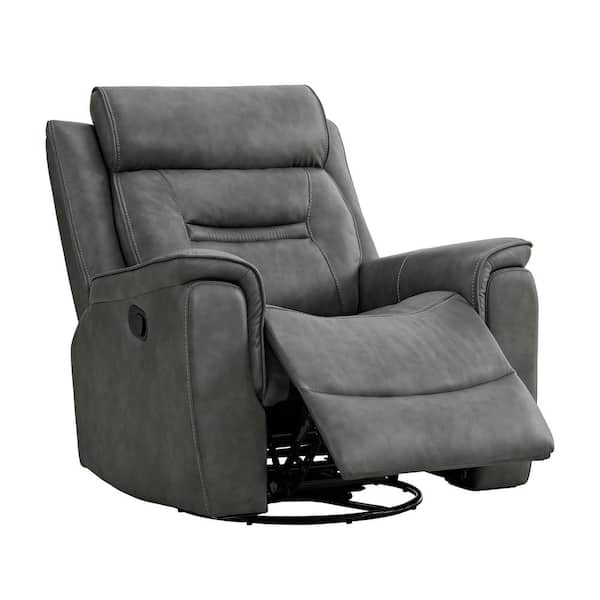 Barnabas Gray Leather Swivel Rocker Manual Recliner with Extra Large Footrest for Living Room and Bedroom