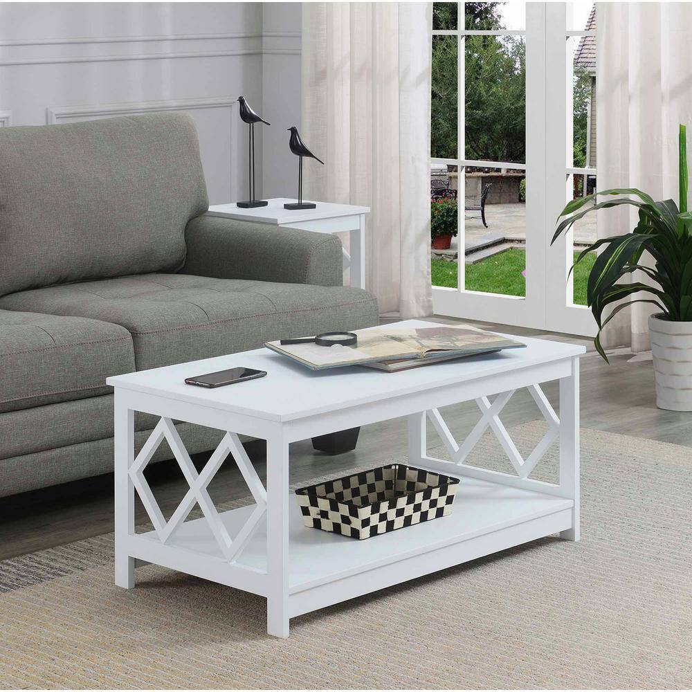 White 40" Diamond Cut-Out Wood Coffee Table with Shelf