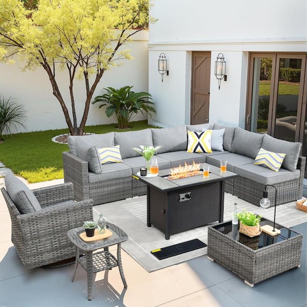HOOOWOOO Messi Gray 10-Piece Wicker Outdoor Patio Conversation Sectional Sofa Set with a Metal Fire Pit and Dark Gray Cushions