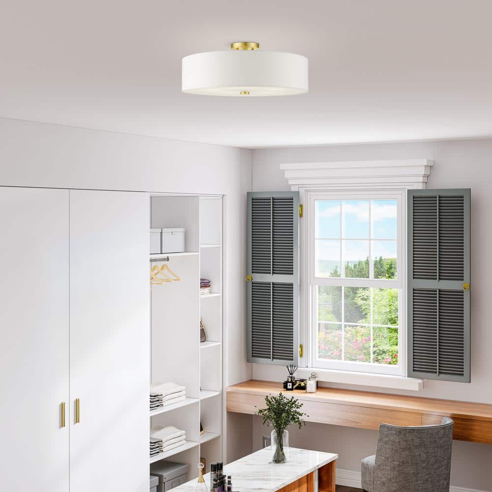 Satin Brass 5-Light Semi-Flush Drum Ceiling Fixture with Off-White Shade