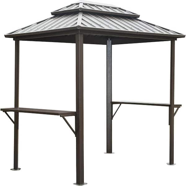 Clihome 8 ft. x 6 ft. Aluminum Grill Gazebo Outdoor Metal Frame with Shelves Serving Tables (Brown)