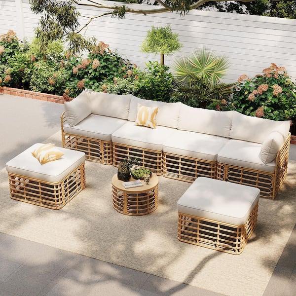7-Piece Wicker Patio Conversation Set with Beige Thick Cushions and Pillows for Garden, Backyard, Balcony