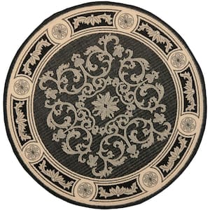 Courtyard Black/Sand 7 ft. x 7 ft. Round Floral Indoor/Outdoor Patio  Area Rug