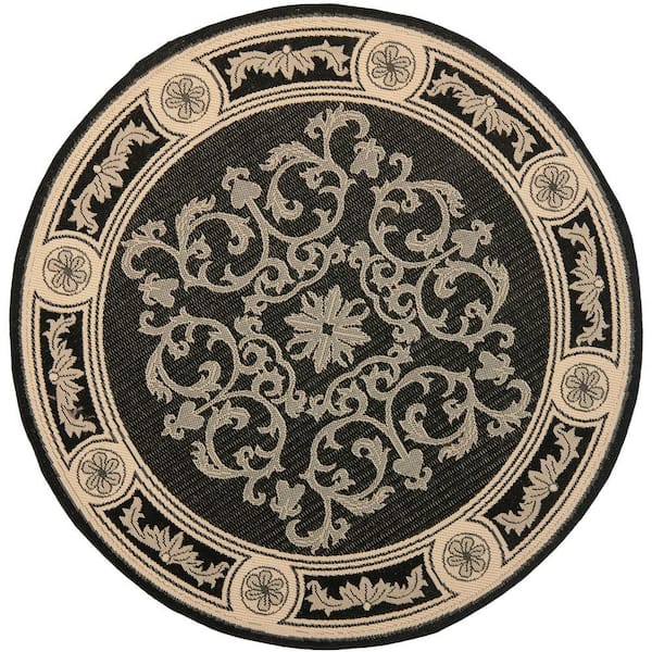 SAFAVIEH Courtyard Black/Sand 7 ft. x 7 ft. Round Floral Indoor/Outdoor Patio  Area Rug