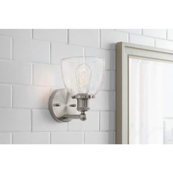 Home Decorators Collection Evelyn 6 in. 1-Light Brushed Nickel Industrial Indoor Wall Sconce with Clear Seeded Glass Shade