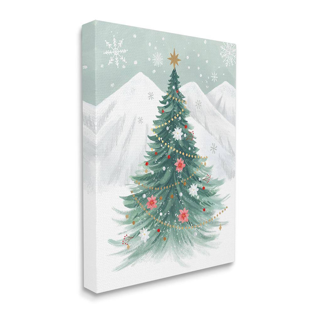 Festive Green Christmas Tree Canvas Art with Snowy Mountains - 16 x 20
