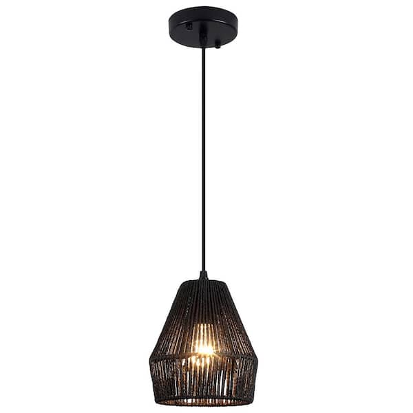 ADSENSTY 1-Light Black and Brown Mini Chandelier with Rattan Shade, No Bulbs Included (Set of 3)