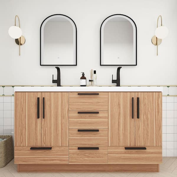 Carla 59 in. W x 20 in. D x 35 in. H Double Sink Freestanding Bath Vanity in White Oak with White Acrylic Top
