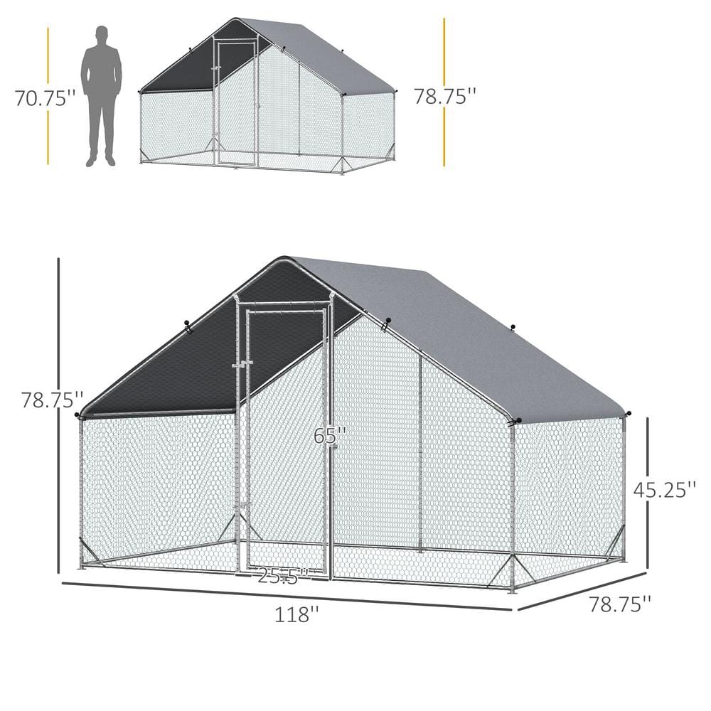 Large Silver Metal Chicken Coop with Roof Cover