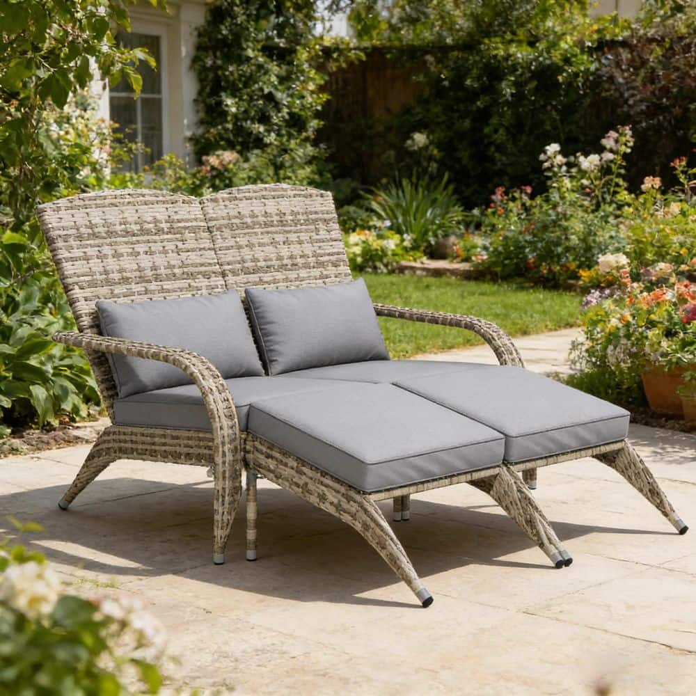 Wicker Outdoor Chaise Lounge with Gray Cushions, 2 Person
