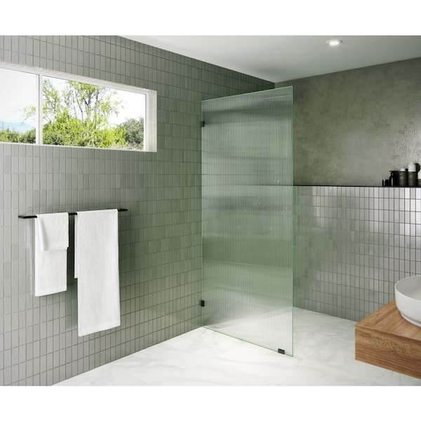 Glass Warehouse 34 in. W x 78 in. H Fixed Single Panel Frameless Shower Door in Matte Black with Fluted Frosted Glass