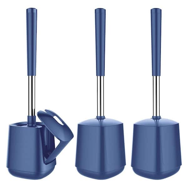 3-Piece Toilet Brush and Holder Bath Accessory Set in Dark Blue, Self Closing Lid, Extra Long Handle, Nylon Bristles