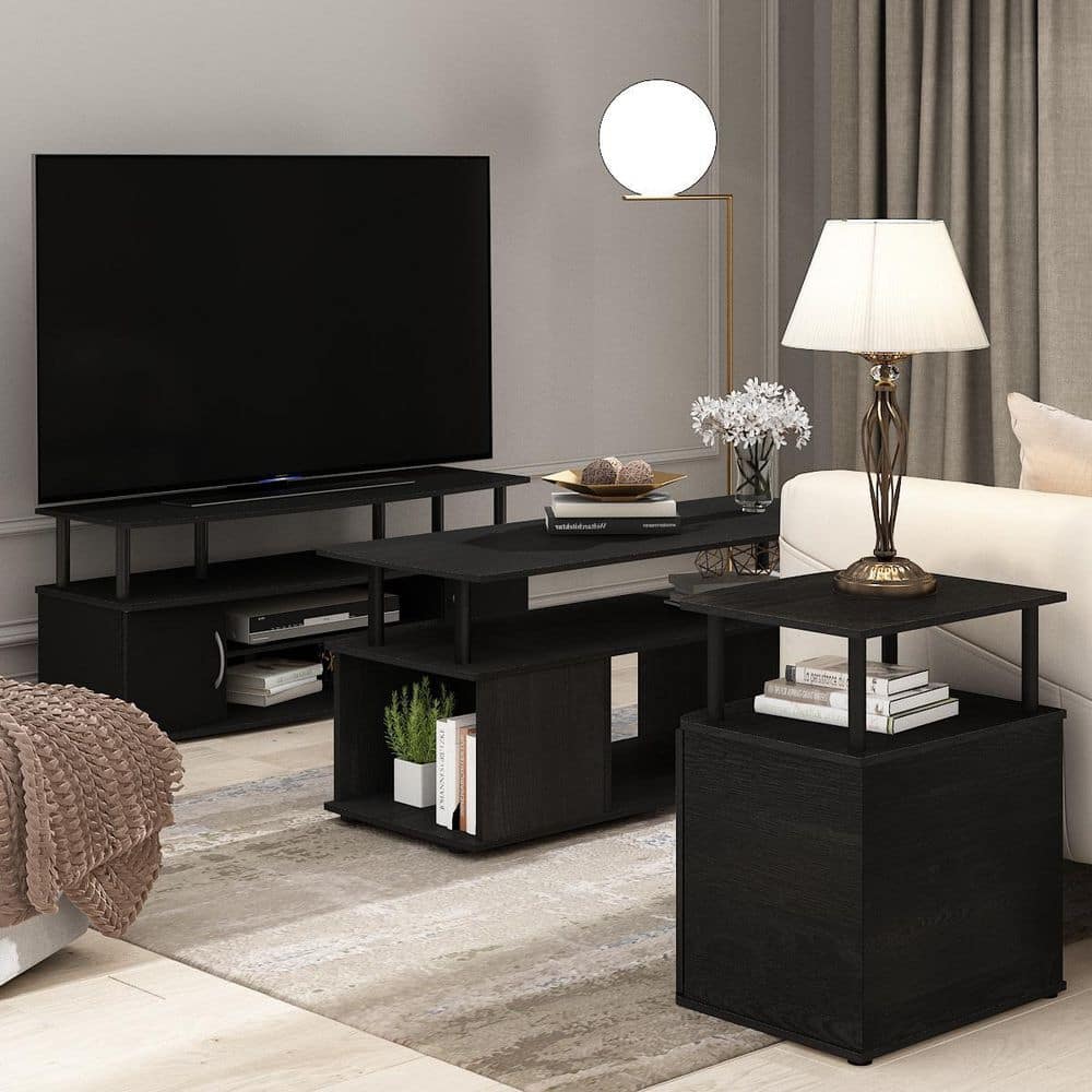 Sleek Black Engineered Wood End Table with Storage - Set of 2
