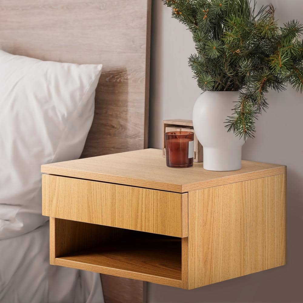 Light Oak Mid-Century Modern Floating Nightstand with Drawer