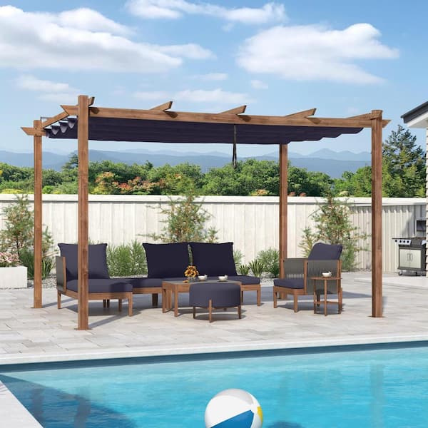 PURPLE LEAF 10 ft. W x 13 ft. D Outdoor Natural Wood Grain Aluminum Pergola with Navy Blue Adjustable Sun Canopy and Protective Roof