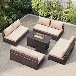 8-Person Wicker Patio Conversation Seating Set with Fire Pit Table in Beige