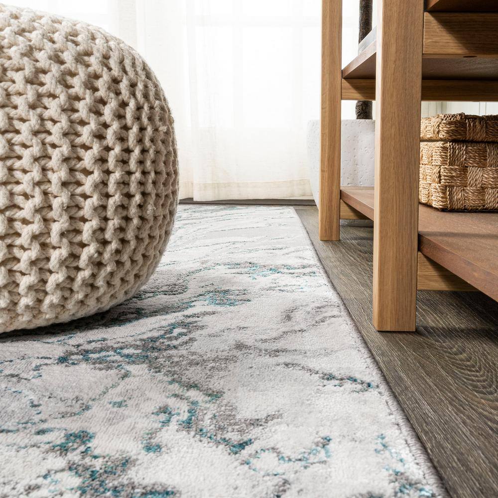 Gray and Turquoise Abstract Washable Synthetic Runner Rug 2' x 10'