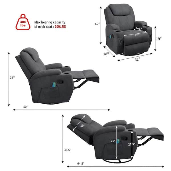 Big and Tall Smoke Gray Recliner Swivel and Rocking Chair with Power Massage Function