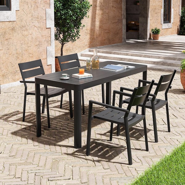 5-Piece Aluminum Rectangular Outdoor Dining Set with Extension Round Corner Table and Stackable Arms Chairs, Black