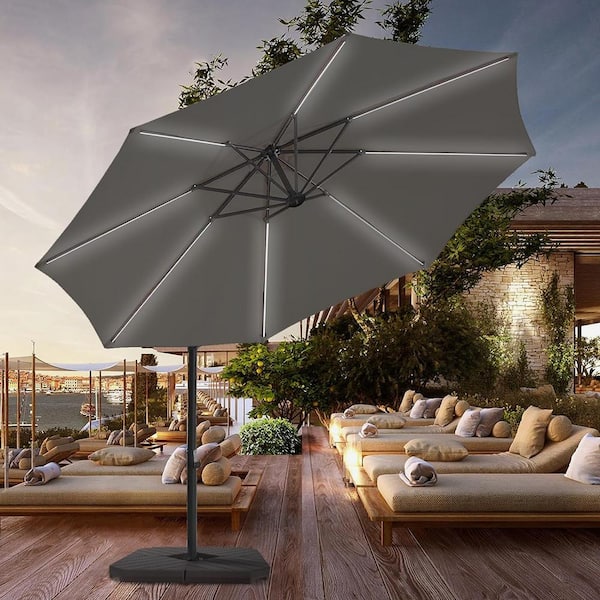 PASAMIC 10ft. Aluminum Patio Offset Umbrella Outdoor Cantilever Umbrella, Fade Resistant Crank and Cross Base in Dark Grey