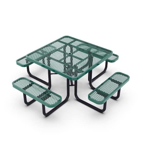 Carnegy Avenue Creekside 79.75 in. Green Square Steel Picnic Tables Seat of 4 with Umbrella Hole Gauge Expanded Metal Mesh Top