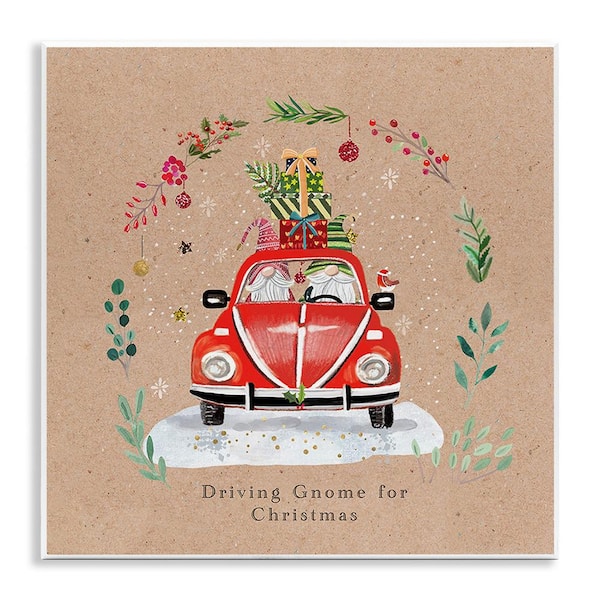 Stupell Industries Driving Gnome For Christmas by Sally Darby 1-Piece Unframed Graphic Print Travel Poster Art Print 12 in. x 12 in.