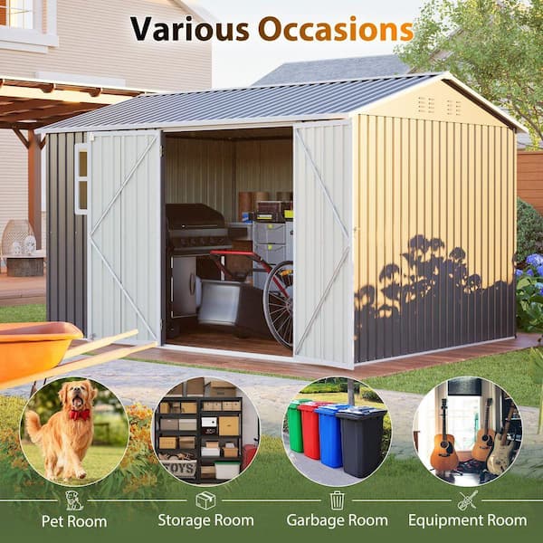 Gray 10 ft. W x 8 ft. D Metal Storage Shed with Window, Lockable