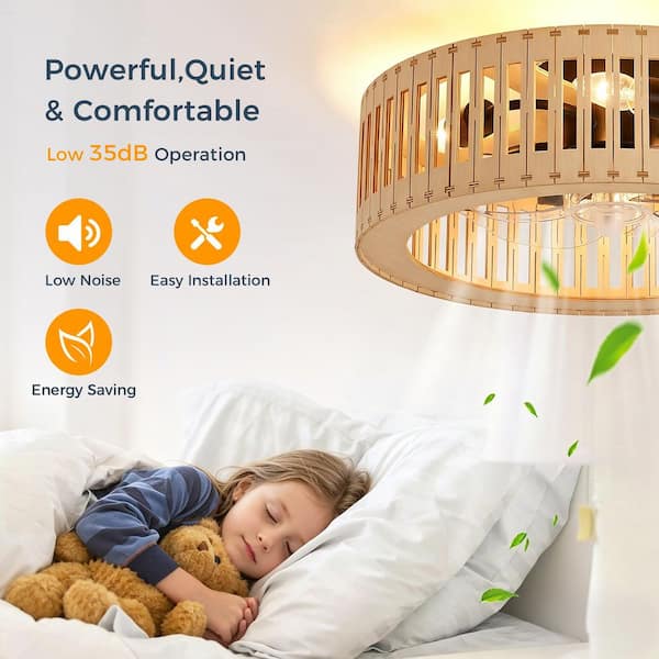 JUSHENG 20 in. Natural Wood Style Caged Flush Mount Ceiling Fan