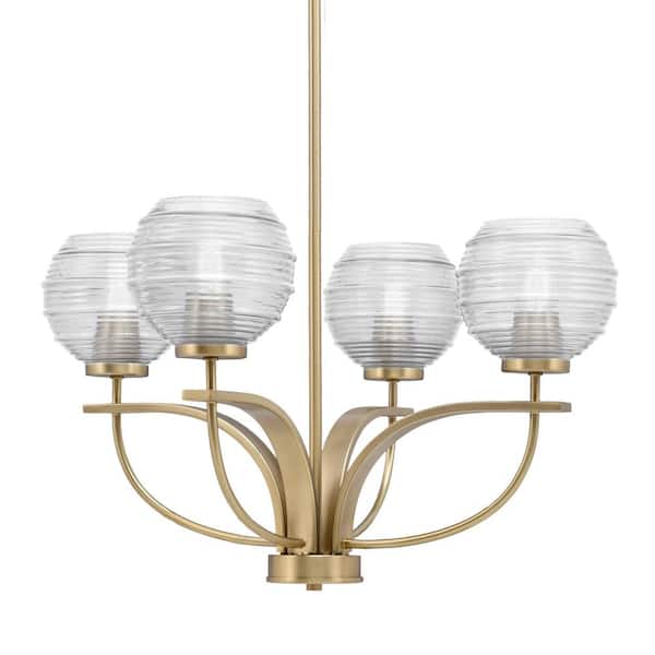 Unbranded Olympia 4-Light Uplight Chandelier New Age Brass Finish 6 in. Clear Ribbed Glass