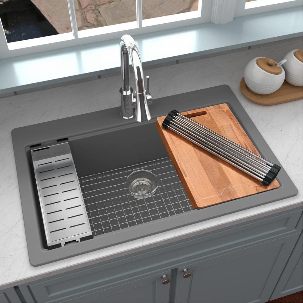 Gray Quartz 33'' Single Bowl Drop-in Workstation Sink