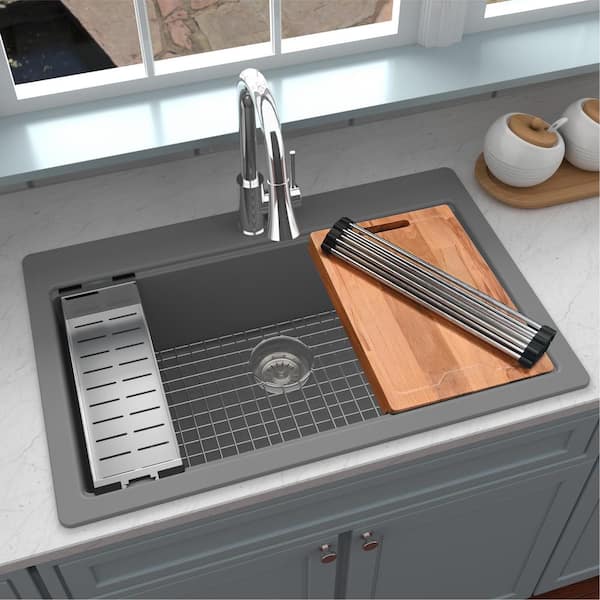 Grey Quartz/Granite 33 in. Single Bowl Drop-In Workstation Kitchen Sink