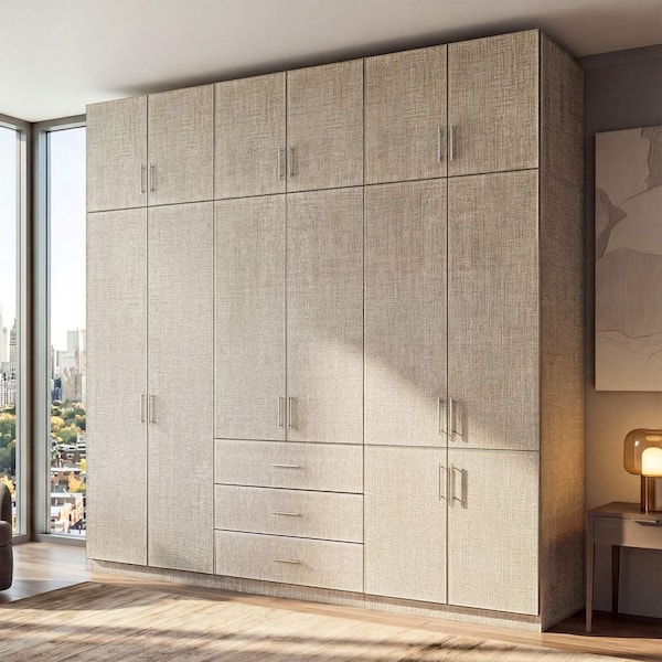 Beige-E Wood 94.5 in. Armoire with 5-Drawers, Pants Rack, Hanging Rod, 3-Top Cabinets for Bedroom Storage