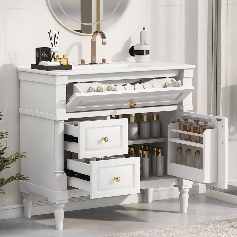 36 in. Single Sink Freestanding White Bath Vanity with White Ceramic Sink Top, Bathroom Cabinet with Flip Drawer