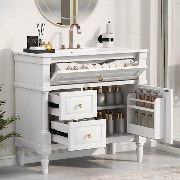 36 in. Single Sink Freestanding White Bath Vanity with White Ceramic Sink Top, Bathroom Cabinet with Flip Drawer