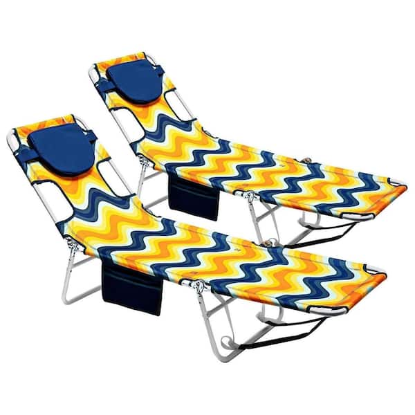 Mondawe 2-Piece Metal Outdoor Chaise Lounge Camping Lawn Chair with Side Pocket and Removable Pillow