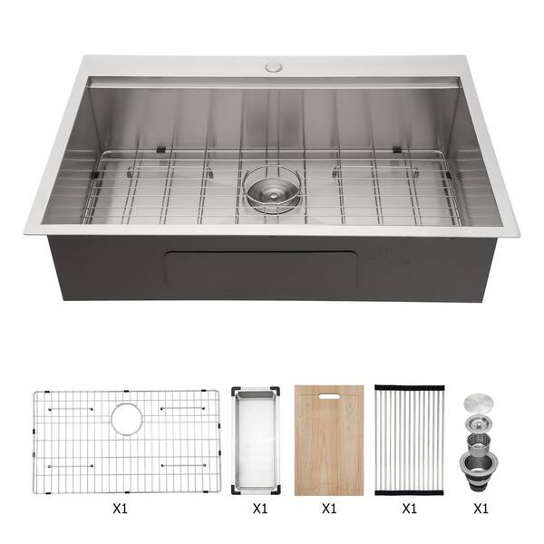 33 in Drop in Single Bowl 18 Gauge Stainless Steel Kitchen Sink with
