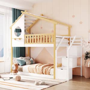 White Twin Wood House Bunk Bed with Storage Stairway