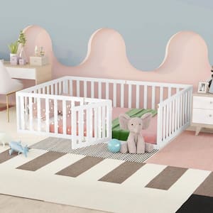 White Full Size Montessori Bed with Fence and Door, Toddler Floor Bed Frane Full Size, Floor Bed frame for Kids