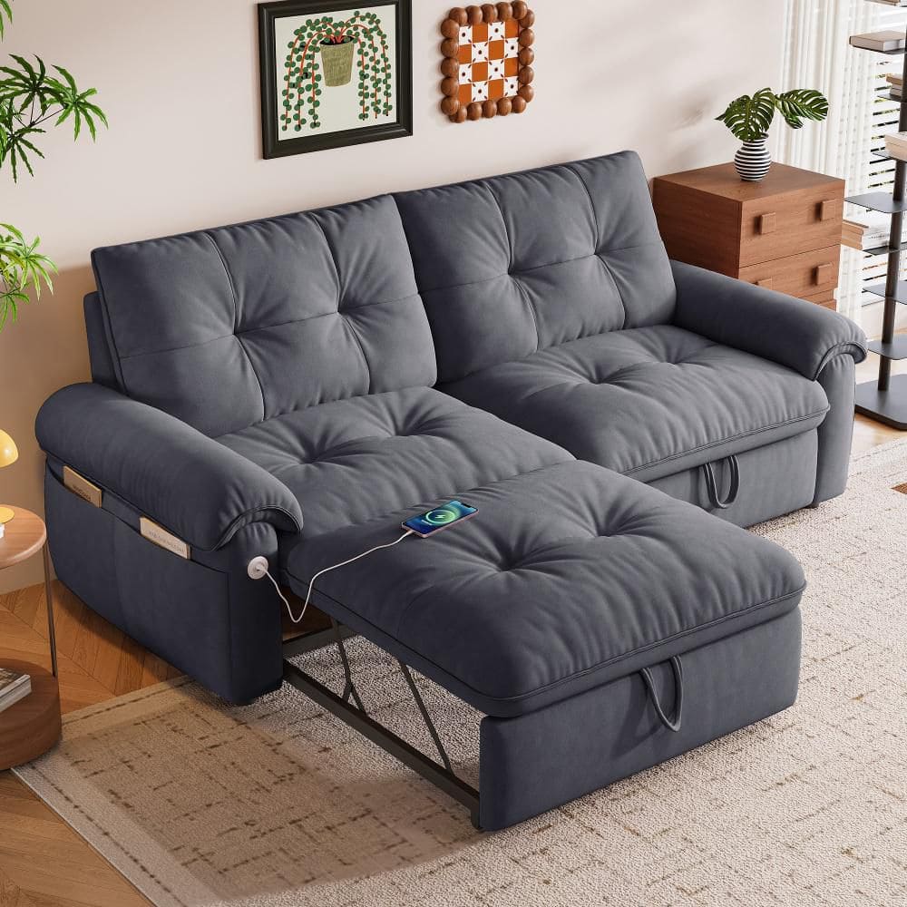 Modern 77 in. Gray Velvet Convertible Sleeper Sofa Bed with Pull-Out 2-Seat Seating