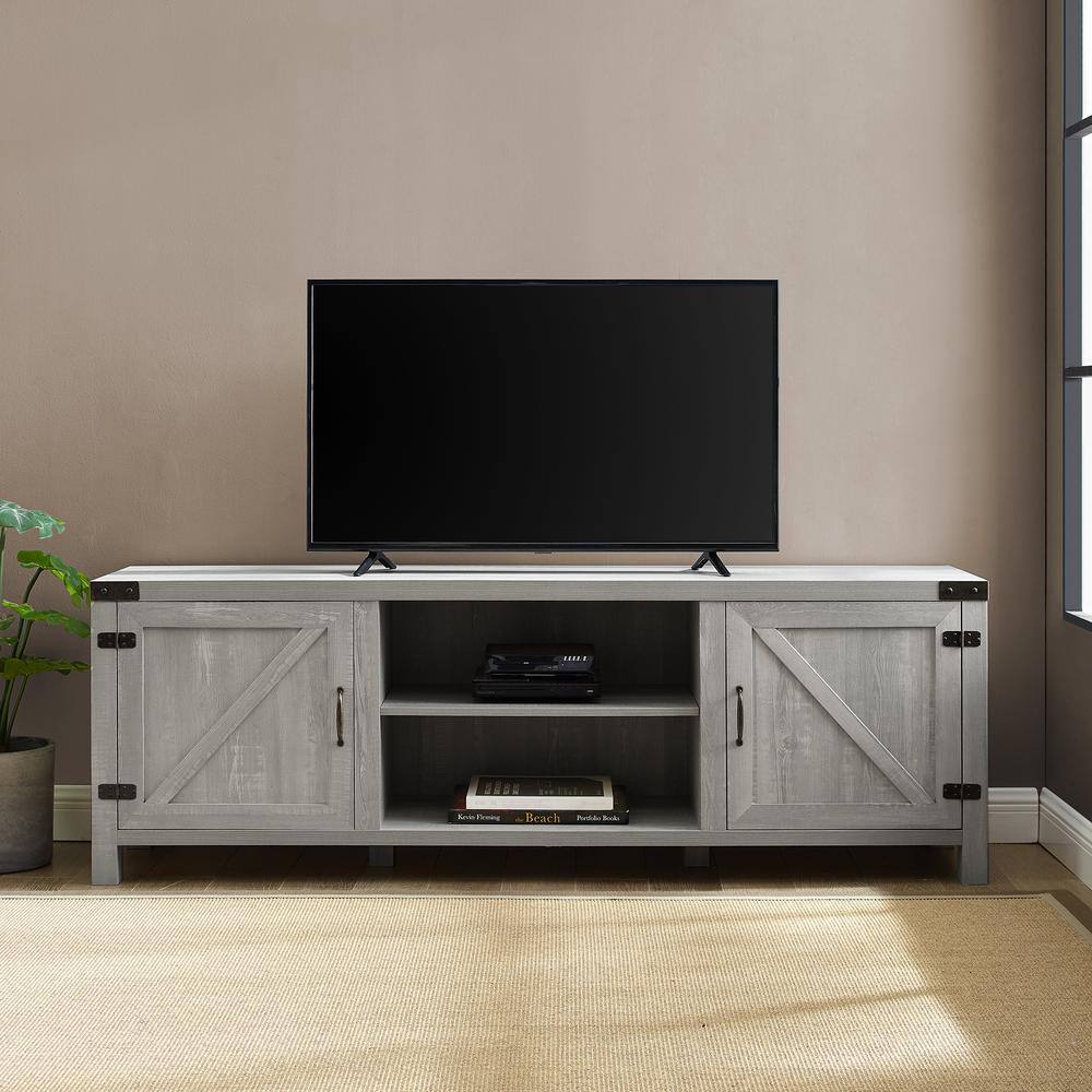 Modern Farmhouse 70" Black Stone TV Stand with Barn Doors