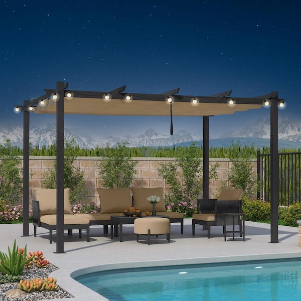 PURPLE LEAF 10 ft. x 13 ft. Gray Aluminum Frame Pergola with Beige Retractable Sun Shade Canopy Extra Roof and String Lights