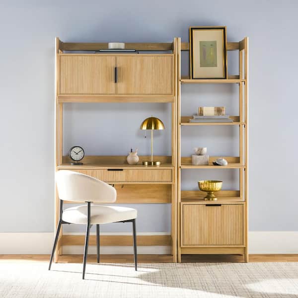 Walker Edison Furniture Company 2-Piece Transitional Coastal Oak Reeded 38 in. Hutch Desk with Narrow Modern Bookcase