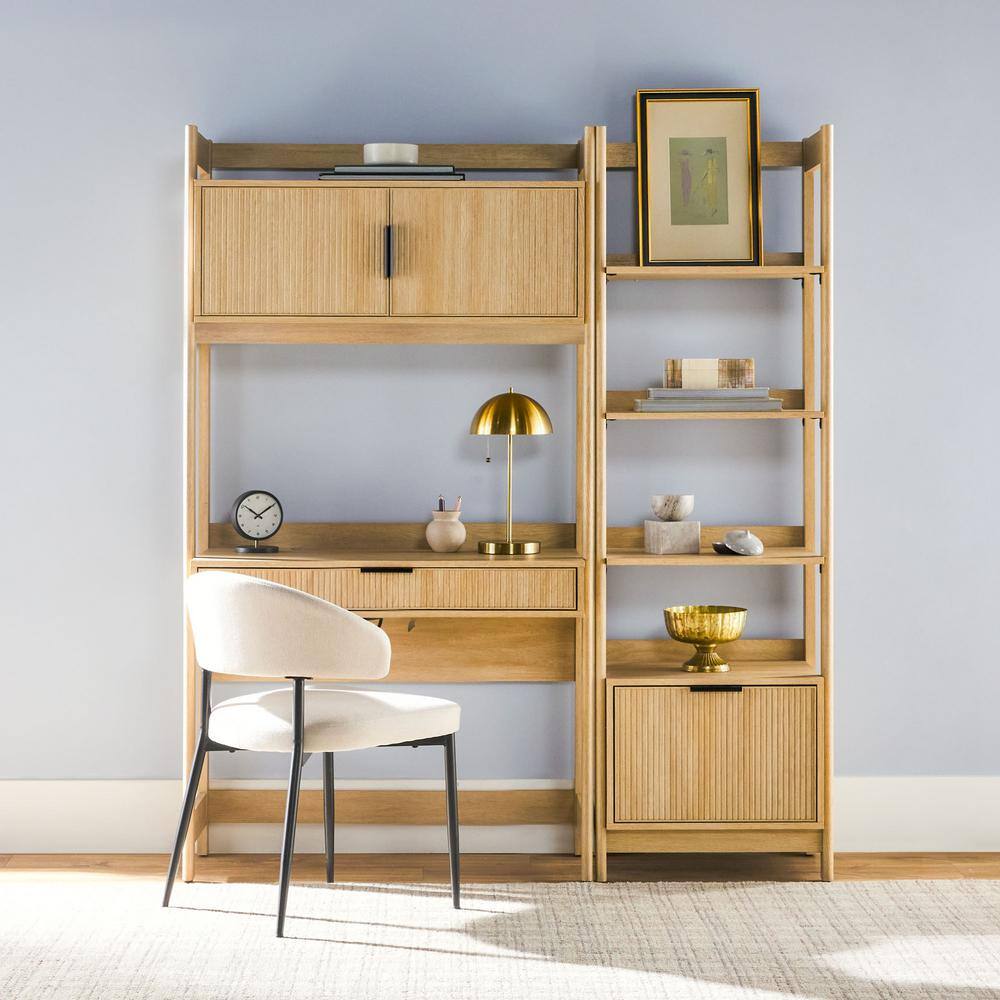 Welwick Designs 2-Piece Transitional Coastal Oak Reeded 38 in. Hutch Desk with Narrow Modern ...