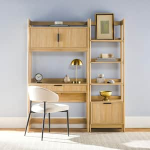 2-Piece Transitional Coastal Oak Reeded 38 in. Hutch Desk with Narrow Modern Bookcase